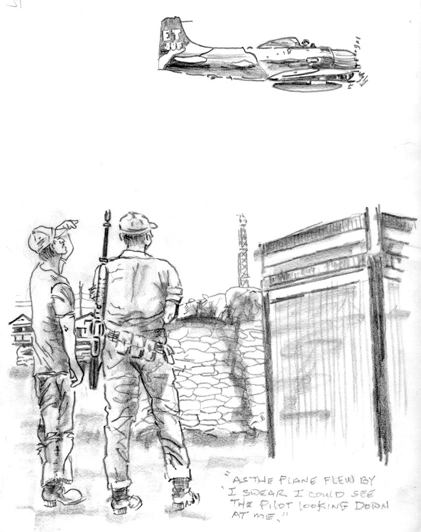 A sketch of soldiers looking at a plane