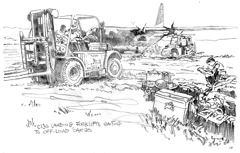 A sketch of people driving heavy machinery