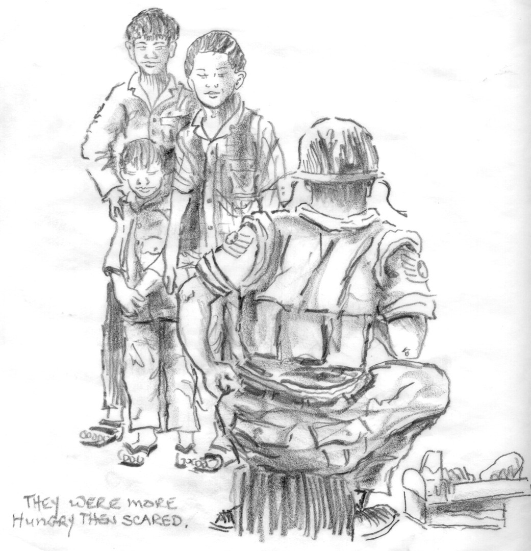 A sketch of a solider talking to young kids